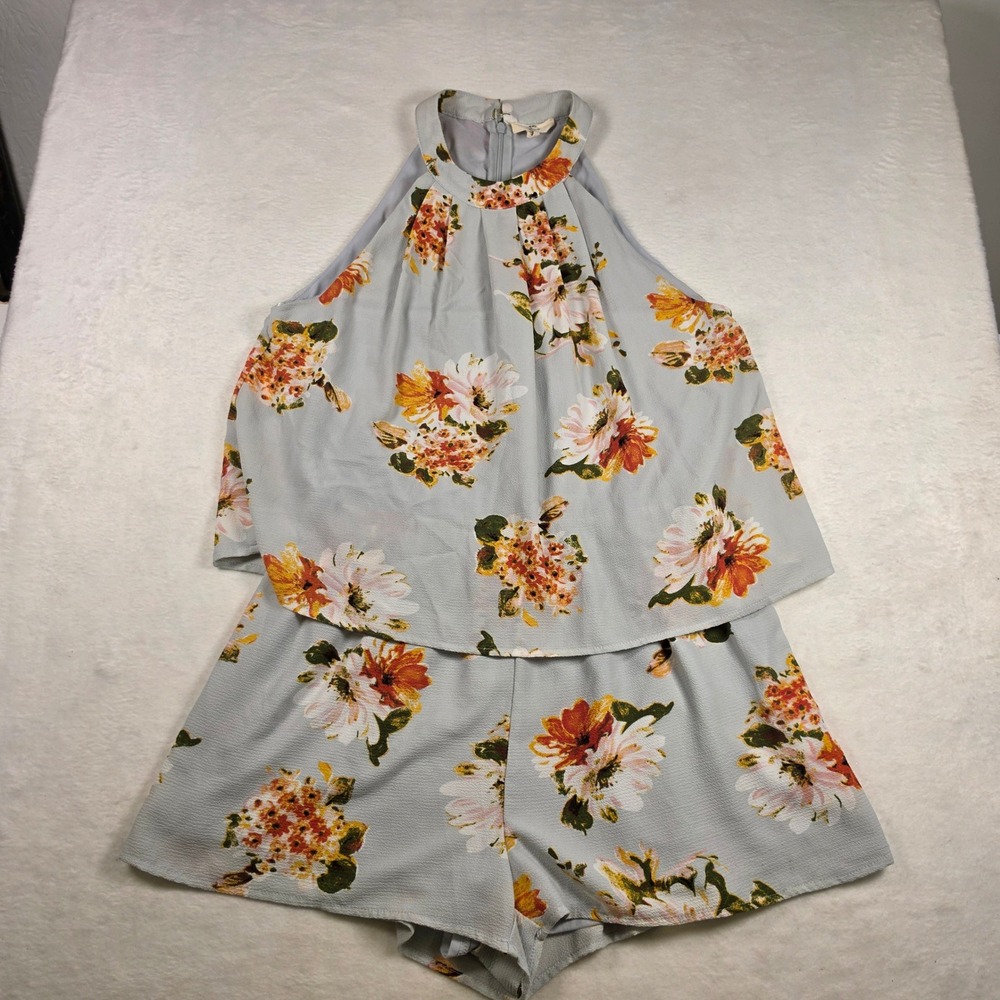 Entro Floral Halter‎ Romper Blue Orange Sleeveless Tiered Crepe Size Medium
